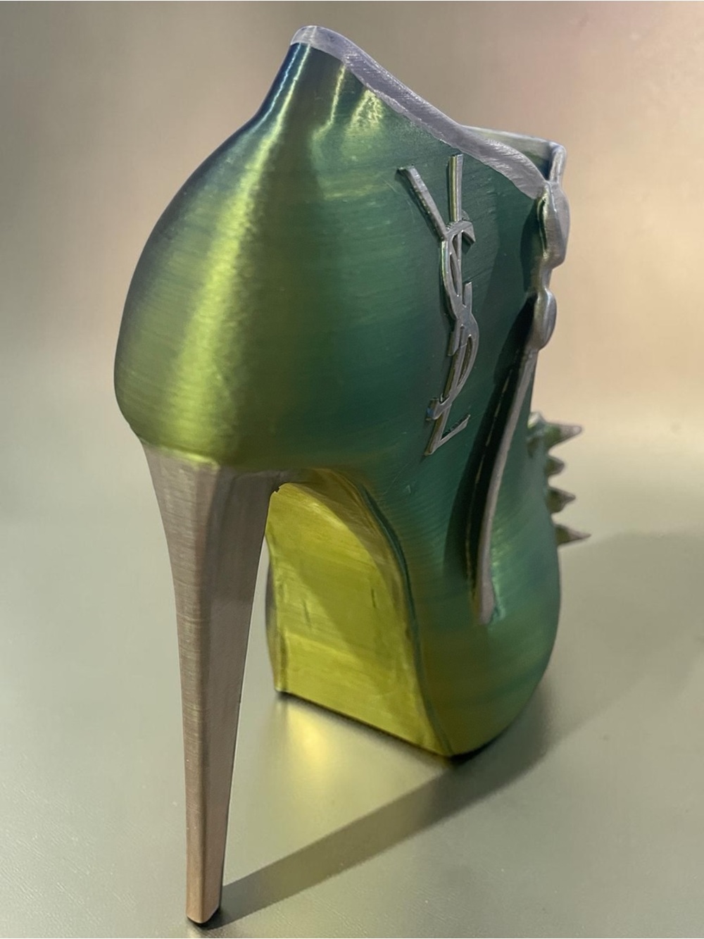 3d Hand Crafted YSL Logo Green & Blue Metallic Silver Spike-Heel Accent Stiletto - Picture 8 of 15